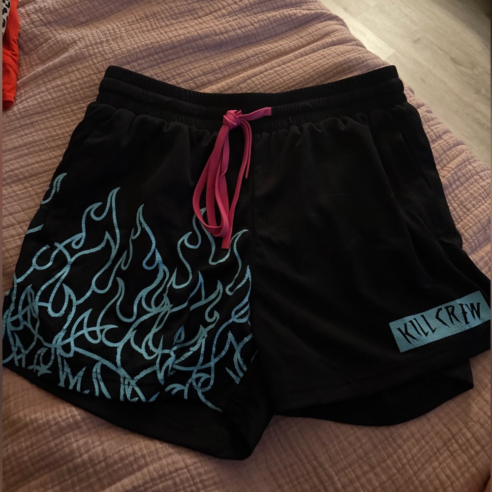 Kill Crew Black Athletic Shorts with Blue Flame Print and Pink Drawstring